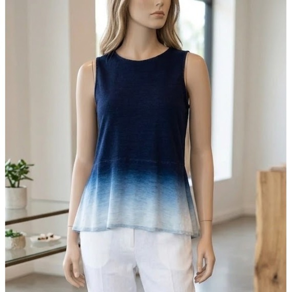 Pure Jill Indigo S Blue Dip Dye Ombre Tank Top‎ Cotton Sleeveless Peplum Coastal